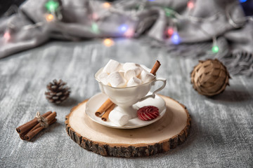 Christmas and new year decoration with cup of coffee with marshmallow