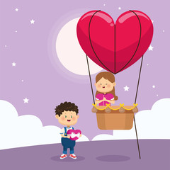 happy boy and girl on heart air balloon, colorful design