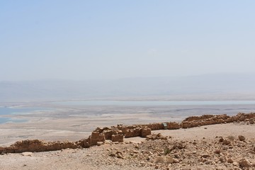 Ruins of the ancient Masada, a mountaintop fortress, near the Dead Sea in Israel. It was built by Herod the Great, king of Judea.