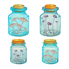 Set of watercolor stained glass jars with fly agaric and purple mushrooms isolated on white background. Watercolor mushrooms in cooking jars, witch mushrooms, traditional medicine.