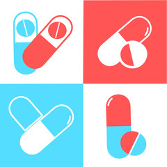 Medical pills icons set on the white, blue, and red background. Medicine, pharmacy, hospital set of drugs. Medication, pharmaceutics concept. Vector illustration. Drugs flat icons: pills, capsules. 