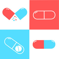 Medical pills icons set on the white, blue, and red background. Medicine, pharmacy, hospital set of drugs. Medication, pharmaceutics concept. Vector illustration. Drugs flat icons: pills, capsules. 