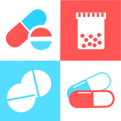 Medical pills icons set on the white, blue, and red background. Medicine, pharmacy, hospital set of drugs. Medication, pharmaceutics concept. Vector illustration. Drugs flat icons: pills, capsules. 