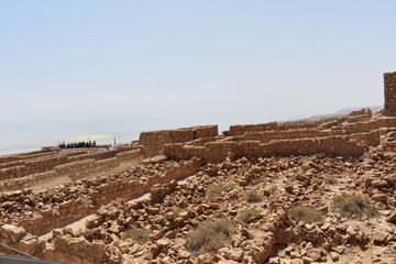 Ruins of the ancient Masada, a mountaintop fortress, near the Dead Sea in Israel. It was built by Herod the Great, king of Judea.
