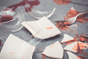 Broken Plate or broken water glass on the on the floor in the kitchen The concept of accidents in...