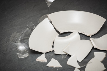 Broken Plate or broken water glass on the on the floor in the kitchen The concept of accidents in...