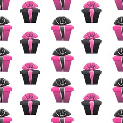 Gift box seamless pattern with presents boxes ribbon bow celebration surprise birthday wrapping paper or textile repeatable decor , vector cartoon . isolated on white background