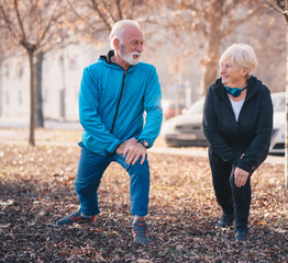 Two elderly persons stretching at the park. The woman is wearing blue headphones.