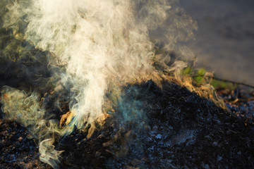 Bonrire smoke over the burning garden dry leaves with sun rays through.