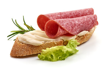 Salami sausage and cream cheese sandwich, isolated on white background