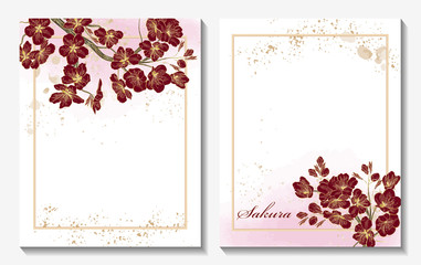 Beautiful background with branch flowers cherry blossom. Sakura flowers. Watercolour. Vector illustration.