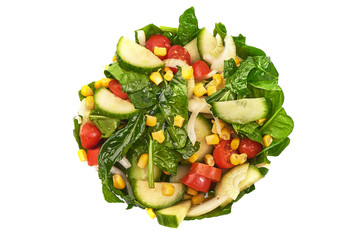 Fresh Vegetable salad, sliced cucumber, tomatoes, onion, spinach leaves, corn, isolated on white background