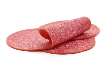 Salami sausage slices, isolated on white background