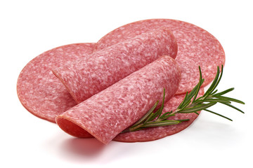 Sliced Salami smoked sausage, isolated on white background
