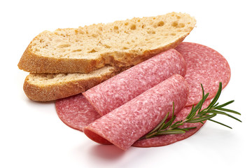 Salami sausage slices, isolated on white background