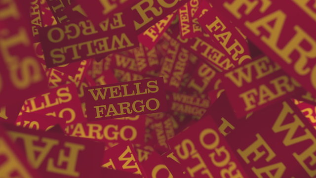 Many logos of WELLS FARGO. Editorial 3D rendering
