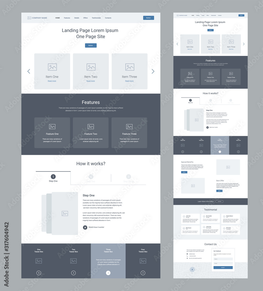 Wall mural landing page wireframe design for business. one page website layout template. modern responsive desi
