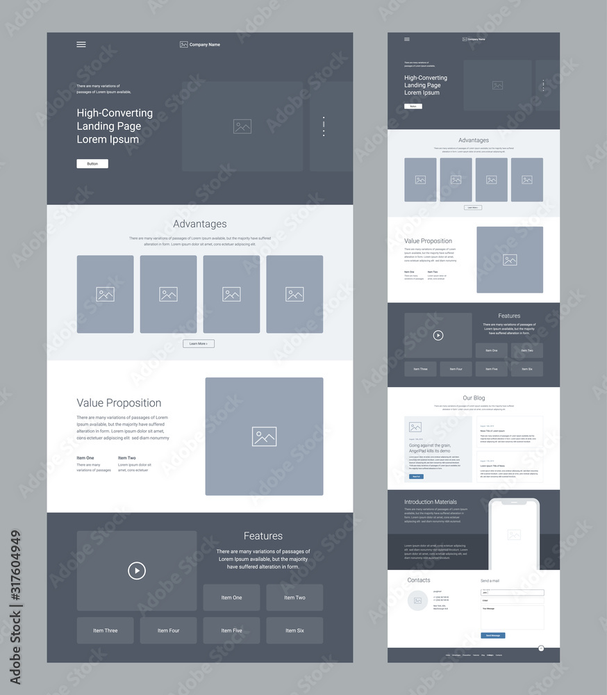 Poster landing page wireframe design for business. one page website layout template. modern responsive desi