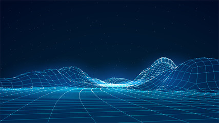 Abstract digital landscape with particles dots and stars on horizon. Wireframe landscape background. Big Data. 3d futuristic vector illustration. 80s Retro Sci-Fi Background