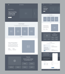 Fototapeta na wymiar Landing page wireframe design for business. One page website layout template. Modern responsive design. Ux ui website: advantages, features, value propositions, information, blog, introduction.