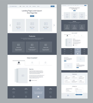 Landing page wireframe design for business. One page website layout template. Modern responsive design. Ux ui website: features, how it works, special benefits, testimonials, contact form.
