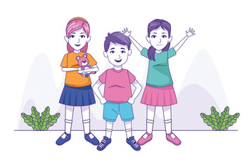 two girls and boy standing icon, colorful design