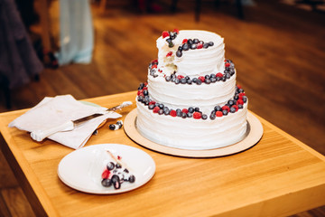 The bride and groom at the end of the wedding party cut the wedding cake. Young happy couple cut a cake at the end of a wedding day. Luxury wedding cake.