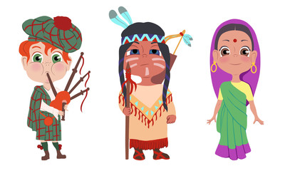 Men and women wearing different national costumes vector illustration