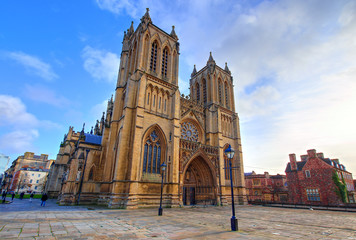 View of the Bristol Cathedral facade in a sunny winter afternoon, England
