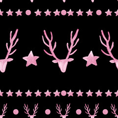 Pink deers and lines of stars watercolor painting - seamless pattern on black background	