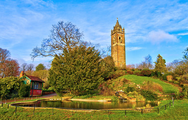 View of the Cabot Tower in Bristol, UK, from the Brandon Hill park, in a winter afternoon