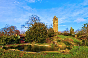 View of the Cabot Tower in Bristol, UK, from the Brandon Hill park, in a winter afternoon