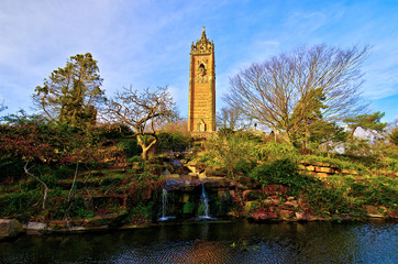 View of the Cabot Tower in Bristol, UK, from the Brandon Hill park, in a winter afternoon