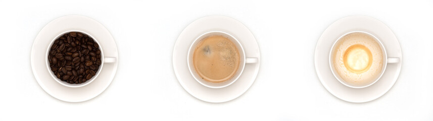 Drei Kaffeetassen unterschiedlich gefüllt als Panorama