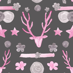 Pink and gray deers and flowers, stars, other decorations watercolor painting - seamless pattern on grey