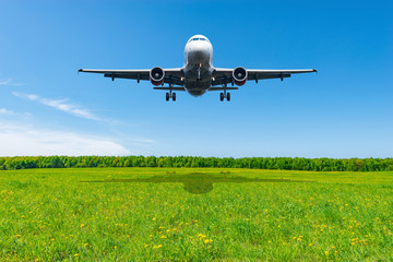 Landing of the passenger plane at summer day time.