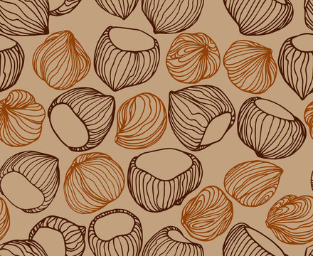abstract seamless pattern of a set of hazelnuts & kernels, for menu design or confectionery, textiles, vector illustration with colored contour lines on a brown background in doodle & hand drawn style