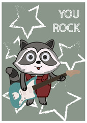 A little gray raccoon guitarist with an electric guitar. Cartoon animal plays the guitar. Greeting card for the musician with the inscription 
