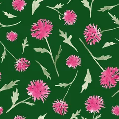 Fototapete Rund Chrysanthemum flowers watercolor painting - hand drawn seamless pattern on vibrant green background © justesfir