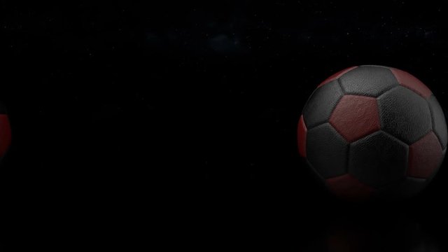3d design of football balls on the dark background. Looped animation of rolling soccer balls from leather on the universe and stars background.