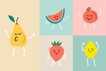 Cartoon funny fruit character dancing. Strawberries, watermelon, pomegranate, lemon and pear illustration.