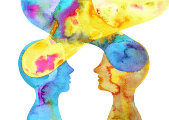 Dipinto acquerello dialogo tra due persone. Trasmettere con il pensieri. Sfondo bianco © Kateryna Kovarzh