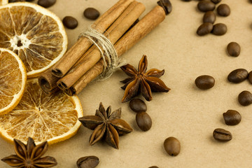 Fototapeta na wymiar spices aromatic ingredients for coffee and mulled wine recipe