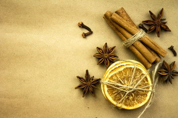 coffee beans and spices lie on the background with place for text