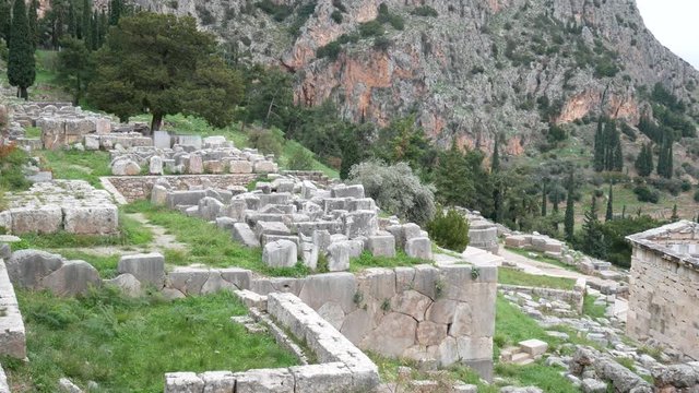 Ruins of the ancient archaeological site of Delphi along the slope of Mount Parnassus, UNESCO World Heritage, Greece.