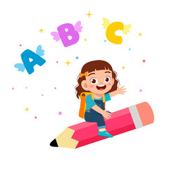 happy cute little kid girl fly with pencil