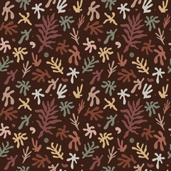 Modern abstract trendy seamless pattern with random floral leaves different shapes. Tropical plants silhouettes in warm terracotta colors. Good for branding, packaging or textile. Vector illustration.