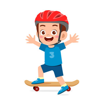 happy cute little kid boy play skateboard