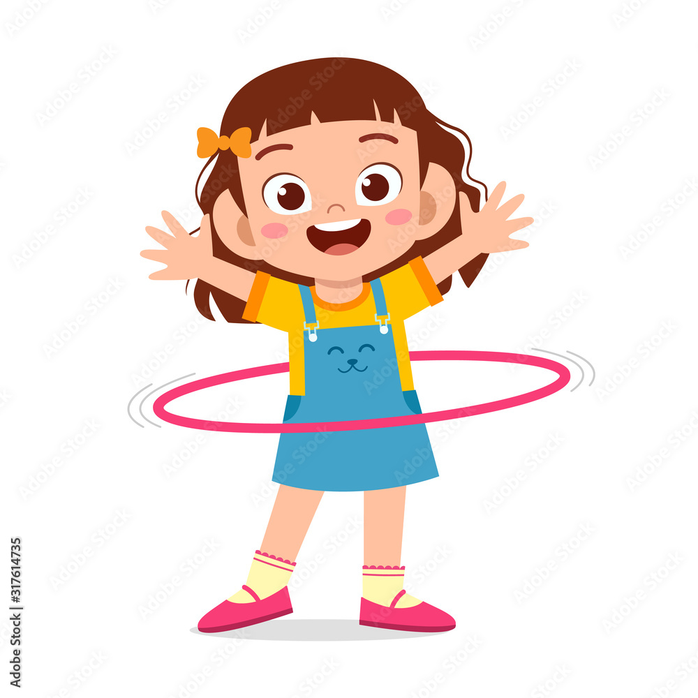 Wall mural happy cute little kid girl play hula hoop