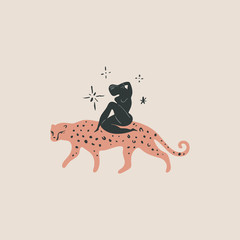 Girl and leopard art. Woman and wild tropical cat friendship concept. Human and animal funny print. Vector illustration. Clipart
